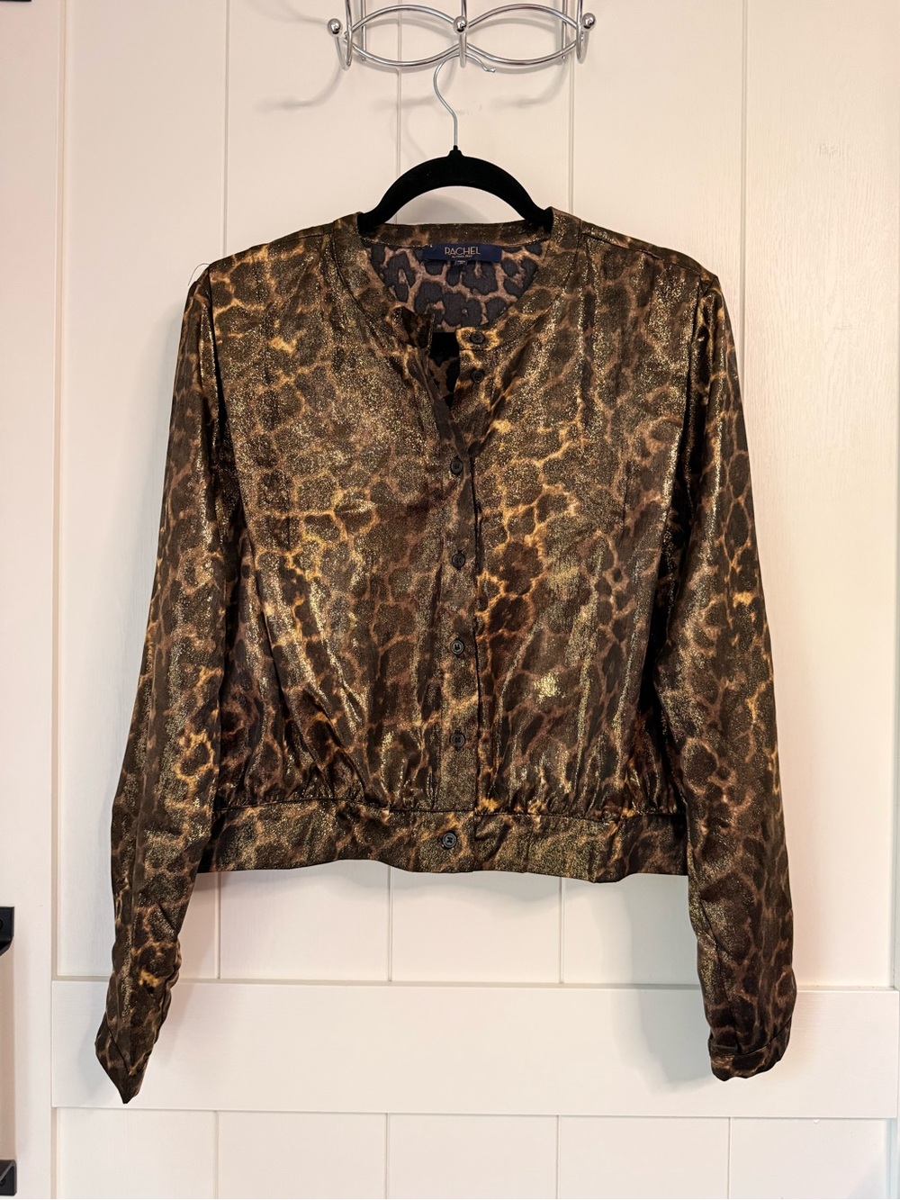 RACHEL Rachel Roy Metallic Leopard-Print Brown Button-Front Top